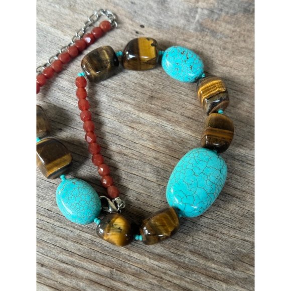 R.J. Graziano Tiger Eye Turquoise Gemstone Bead Necklace Statement Boho Western - Picture 5 of 7